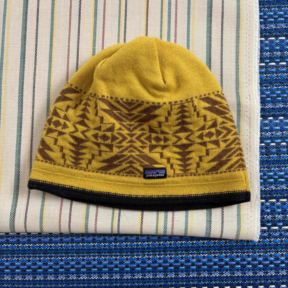 Patagonia Hat Beanie Mens One Size Yellow Aztec Knit Wool Lined Winter Outdoor E